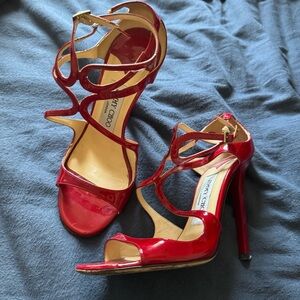 Jimmy Choo red leather lance strappy heels.